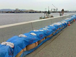 フレコンバックとブルーシートの仮設堤防